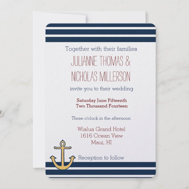 Invitación Boda de anclaje de franjas azules de la Marina Náu (Anverso)