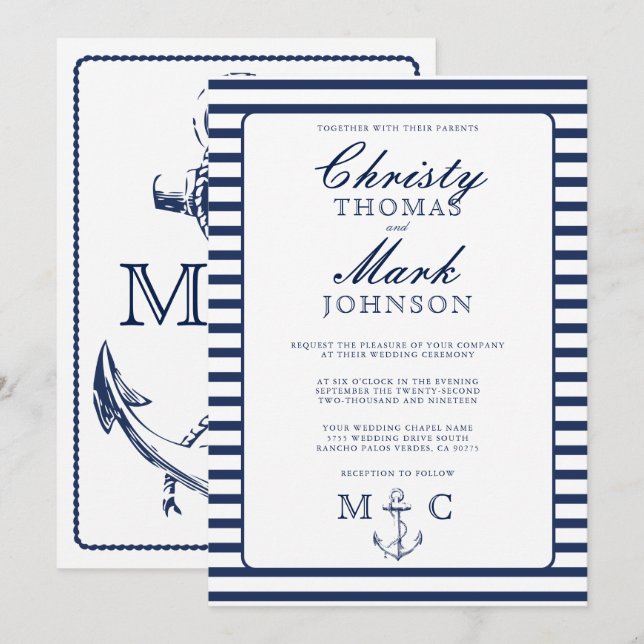 Invitación Boda de Anclaje de la Armada de Rayas Náuticas (Anverso / Reverso)
