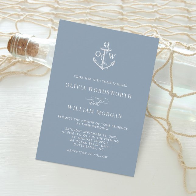 Invitación Boda de anclaje de monograma azul turbio (Subido por el creador)