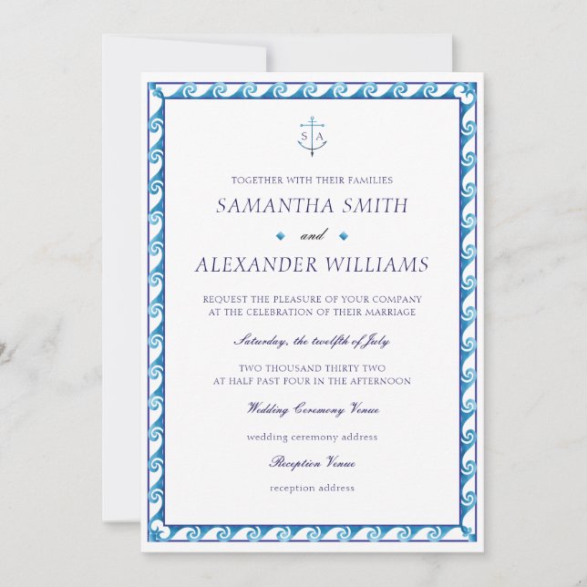 Invitación Boda de Anclaje de Monograma Blanco Azul de la Arm (Anverso)