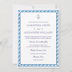 Invitación Boda de Anclaje de Monograma Blanco Azul de la Arm