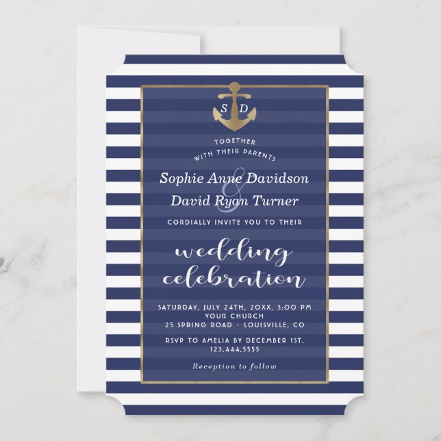 Invitación Boda de Anclaje de Oro de las franjas azules de la (Anverso)