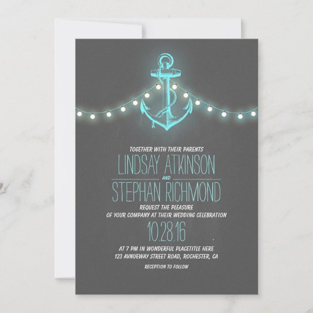 Invitación boda de anclaje de pizarra náutica turquesa (Anverso)