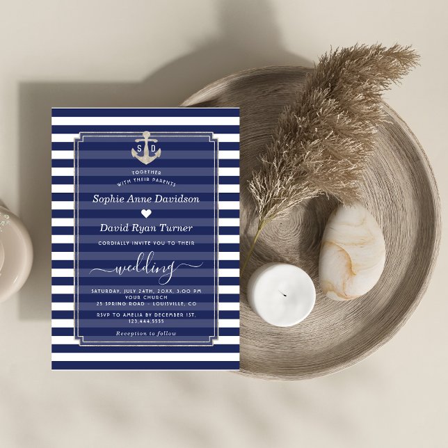 Invitación Boda de Anclaje Plateado de las franjas azules de  (Subido por el creador)