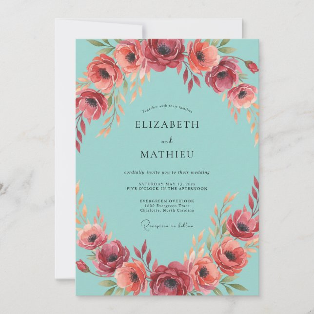 Invitación Boda de Anémona Acuática Carmesí (Anverso)