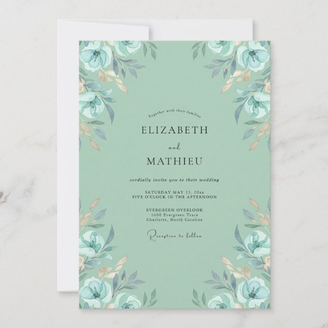 Invitación Boda de Anémona Acuática Menta (Anverso)