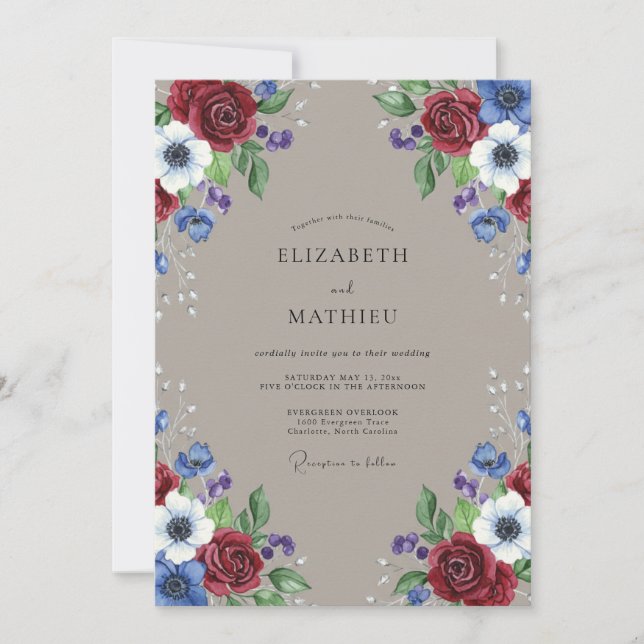 Invitación Boda de Anémona Azul Carmesí (Anverso)