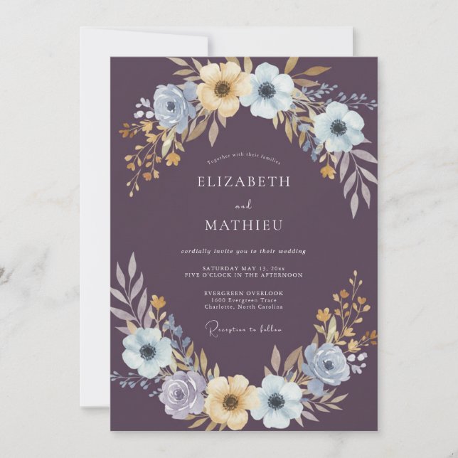 Invitación Boda de Anémona Azul Ciruela (Anverso)