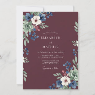 Invitación Boda de Anémona Azul Marino Vino