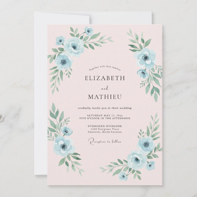 Invitación Boda de Anémona Azul Polvo (Anverso)