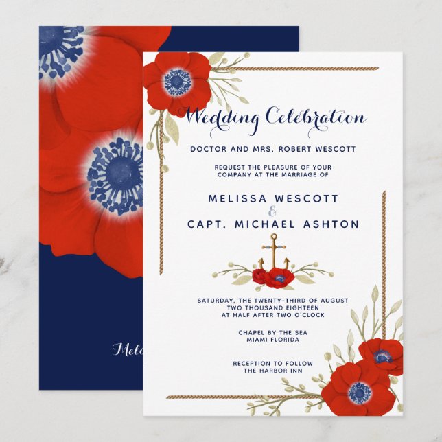 Invitación Boda de anémona azul y blanco náutico formal (Anverso / Reverso)