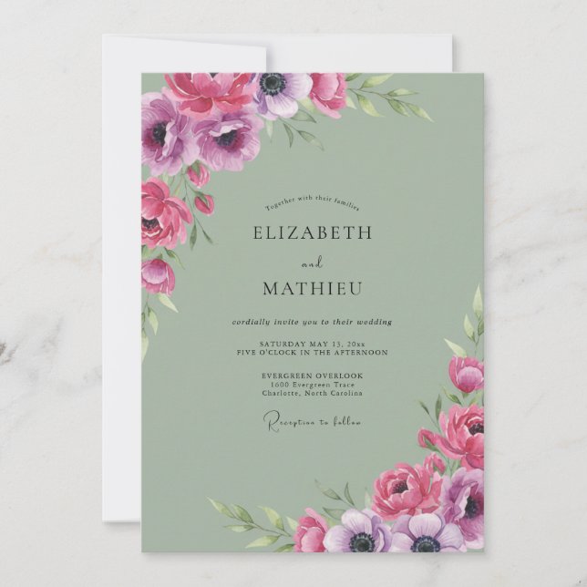Invitación Boda de Anémona Celadón Magenta (Anverso)
