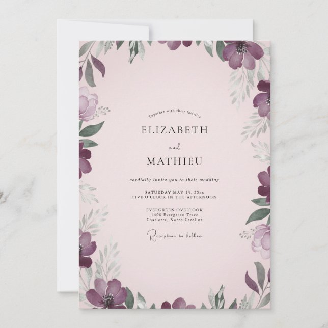 Invitación Boda de Anémona Ciruela Rosada (Anverso)