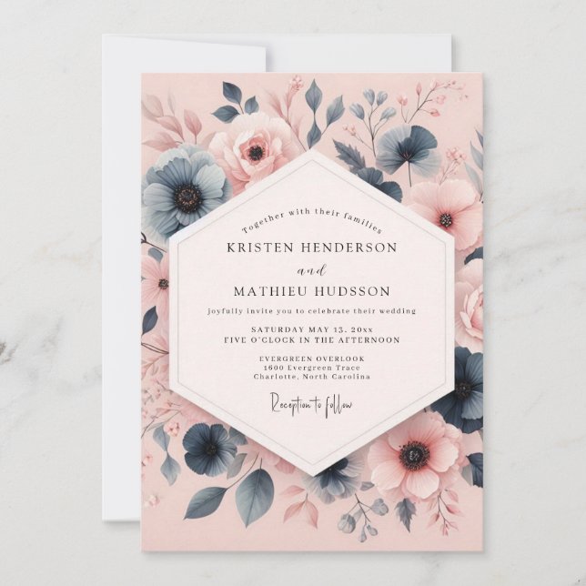 Invitación Boda de Anémona con Rubor Azul Polvoriento (Anverso)
