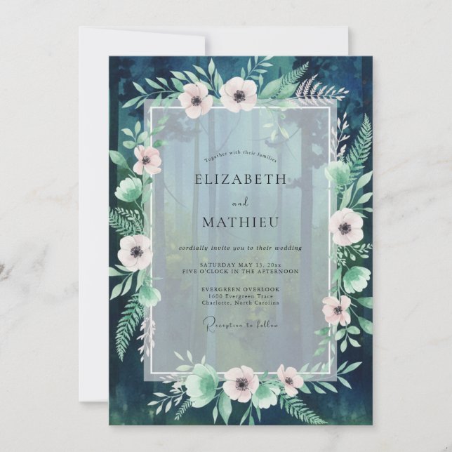 Invitación Boda de Anémona con Rubor Verde Azulado (Anverso)
