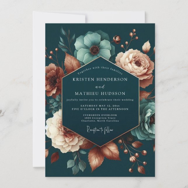 Invitación Boda de Anémona con Rubor Verdeazulado (Anverso)