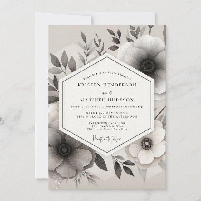 Invitación Boda de Anémona con Tinta Gris (Anverso)