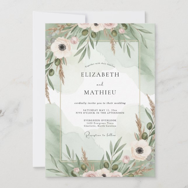 Invitación Boda de Anémona con Tono Rosa Menta (Anverso)
