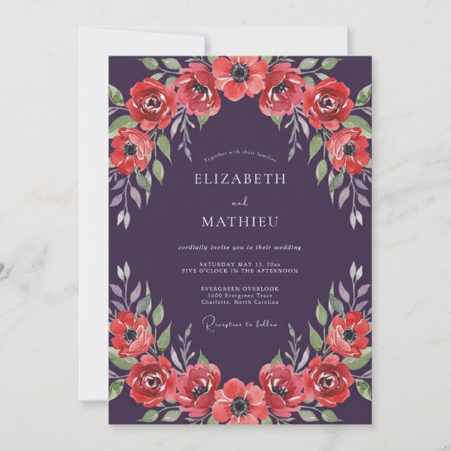 Invitación Boda de Anémona Coral de Ciruela (Anverso)