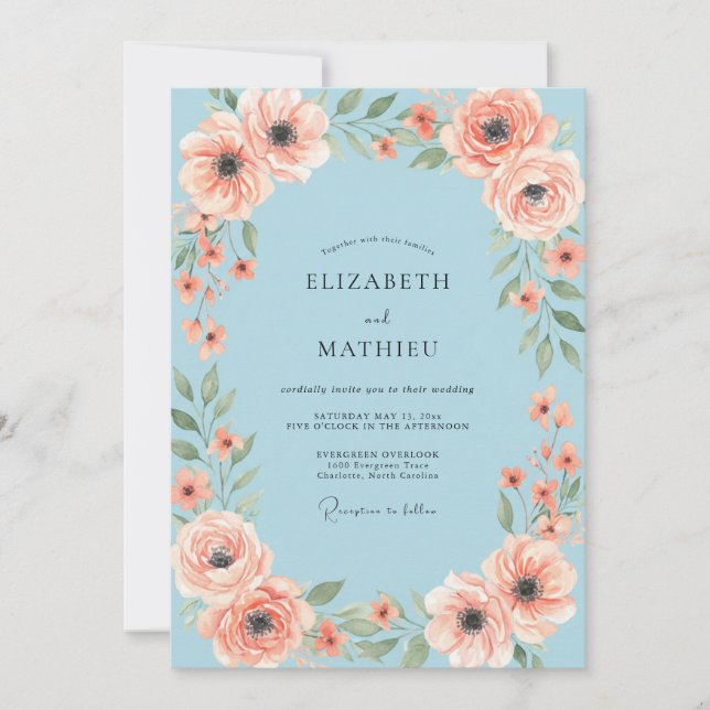 Invitación Boda de Anémona Coral de Melocotón (Anverso)