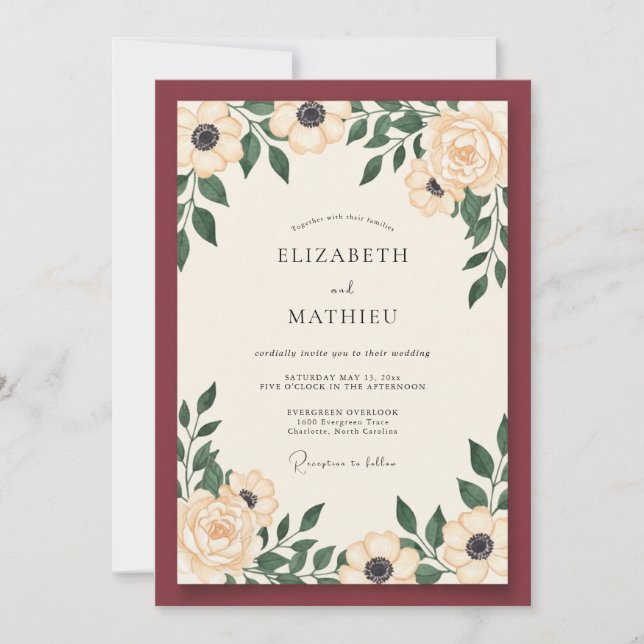 Invitación Boda de Anémona Crema Granate (Anverso)