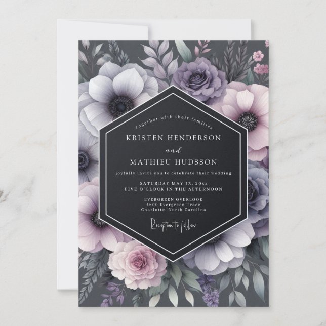 Invitación Boda de Anémona Crepuscular Carbón (Anverso)