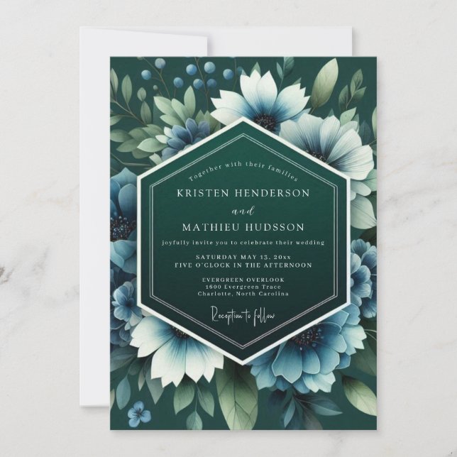 Invitación Boda de Anémona Crepuscular Teal (Anverso)
