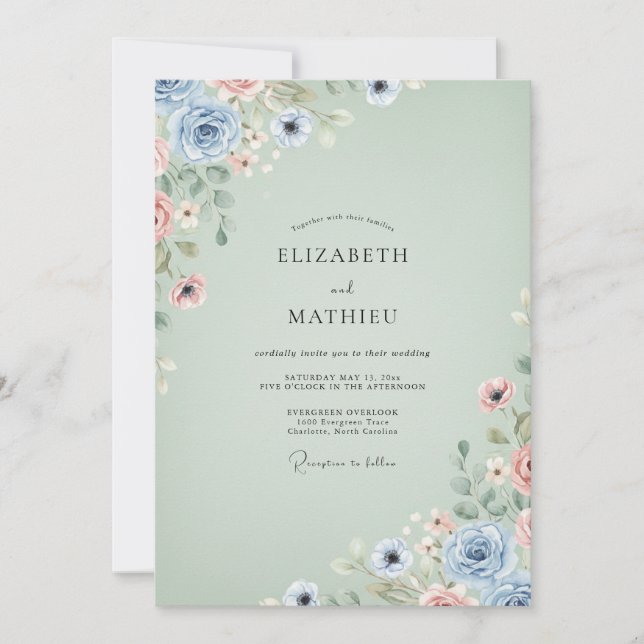 Invitación Boda de Anémona de Acuarela Celadón (Anverso)