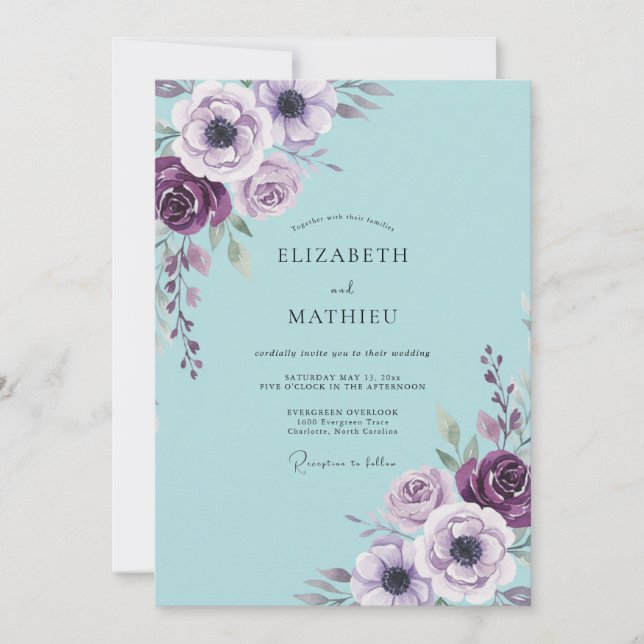 Invitación Boda de Anémona de Ciruela Acuática (Anverso)