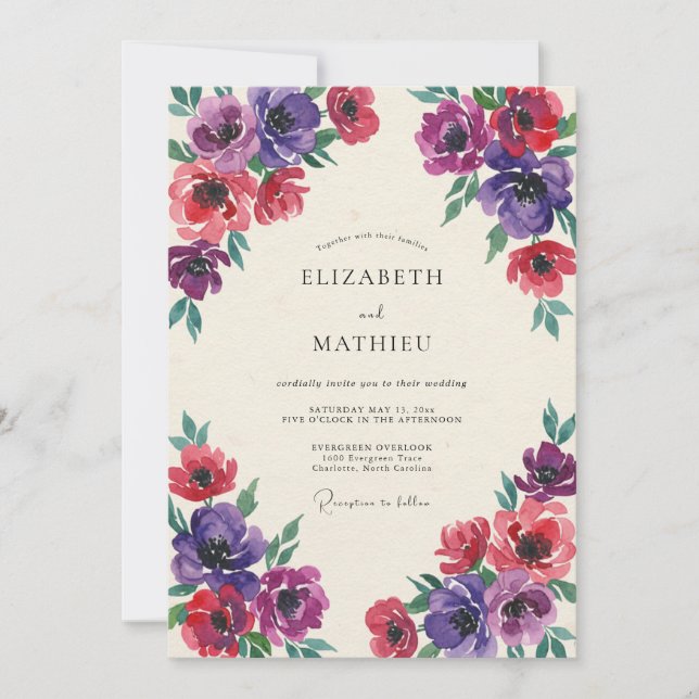 Invitación Boda de Anémona de Ciruela Carmesí (Anverso)