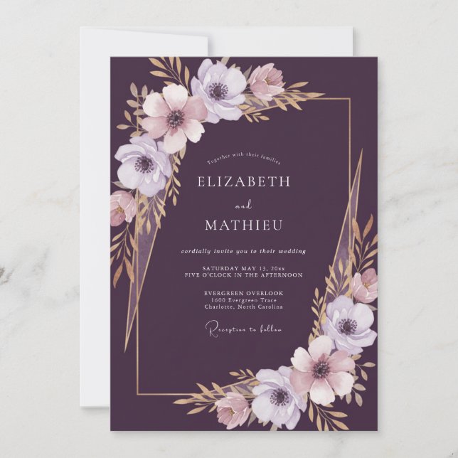 Invitación Boda de Anémona de Ciruela Profunda (Anverso)