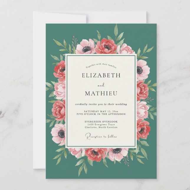 Invitación Boda de Anémona de Coral Teal (Anverso)