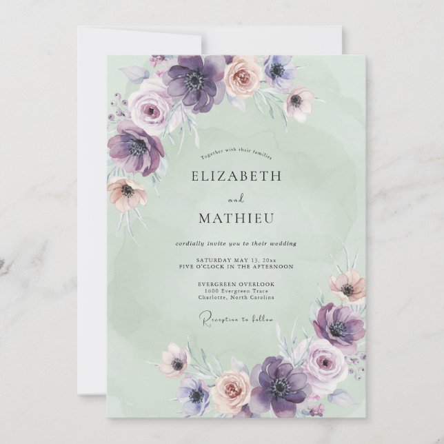 Invitación Boda de Anémona de Menta Lavanda (Anverso)