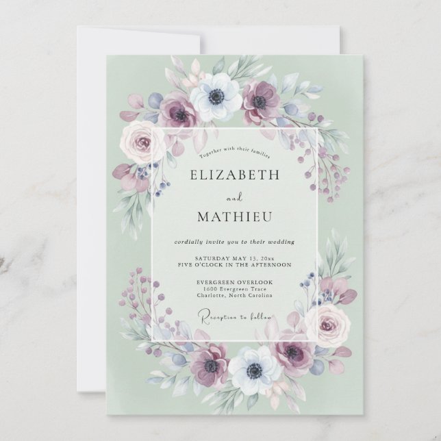 Invitación Boda de Anémona de Menta Malva (Anverso)