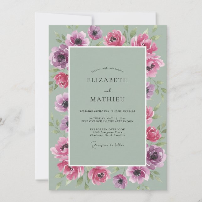 Invitación Boda de Anémona de Orquídea y Menta (Anverso)
