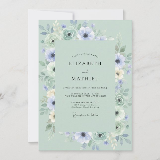 Invitación Boda de Anémona Delicada Verde Salvia (Anverso)