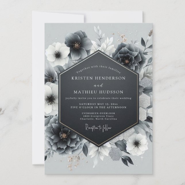 Invitación Boda de Anémona Dorada con Carbón (Anverso)