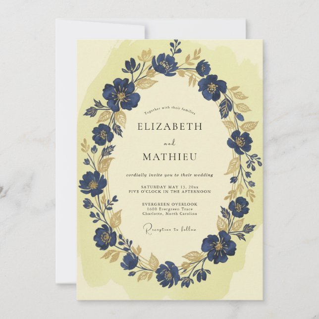 Invitación Boda de Anémona Dorada Índigo (Anverso)