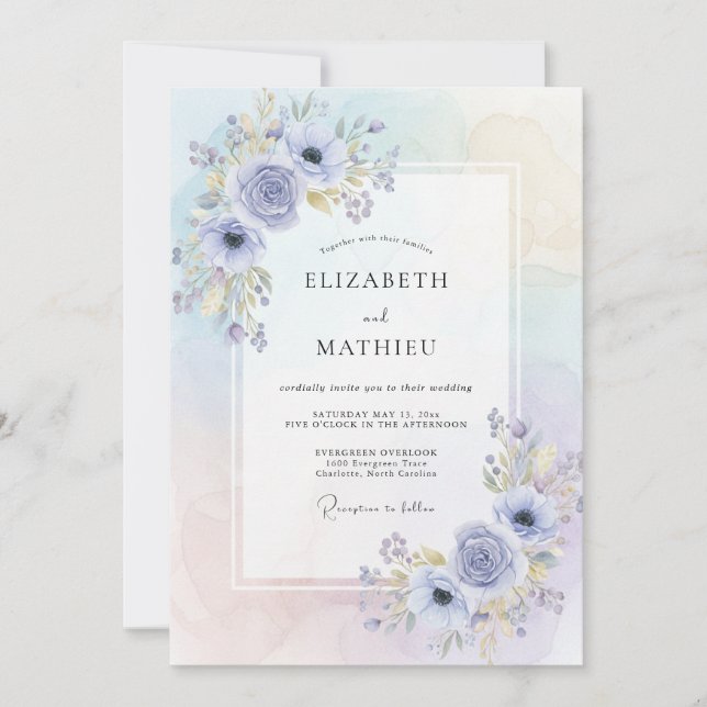 Invitación Boda de Anémona Dorada Periwinkle (Anverso)