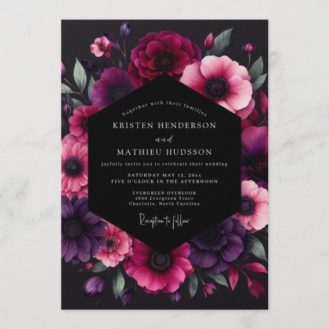 Invitación Boda de Anémona Dramática Fucsia (Anverso)