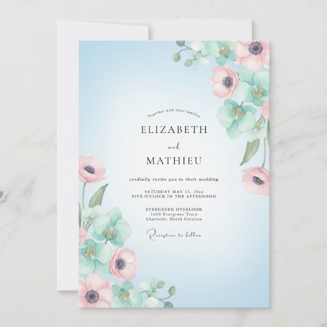 Invitación Boda de Anémona Elegante Azul Cielo (Anverso)