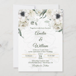 Invitación Boda de Anémona Elegante Blanco Negro Verde