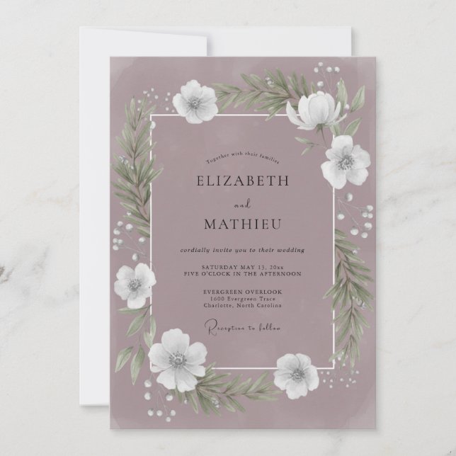 Invitación Boda de Anémona Etérea Gris Ciruela (Anverso)