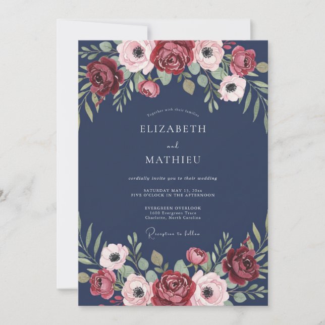 Invitación Boda de Anémona Granate Medianoche (Anverso)