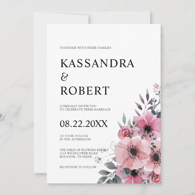Invitación Boda de anémona gris rosa y floral acuarela (Anverso)