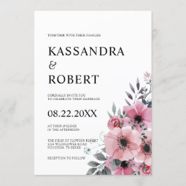 Invitación Boda de anémona gris rosa y floral acuarela