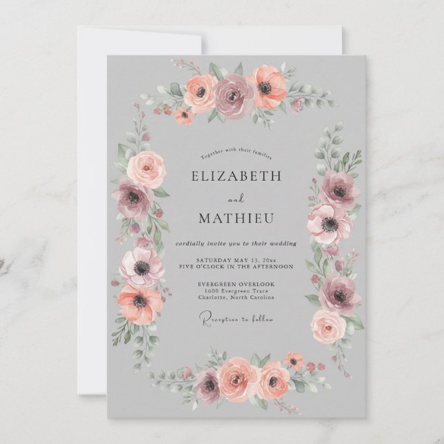 Invitación Boda de Anémona Gris Suave Nube (Anverso)