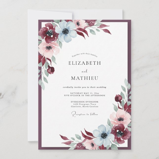 Invitación Boda de Anémona Helada Granate (Anverso)