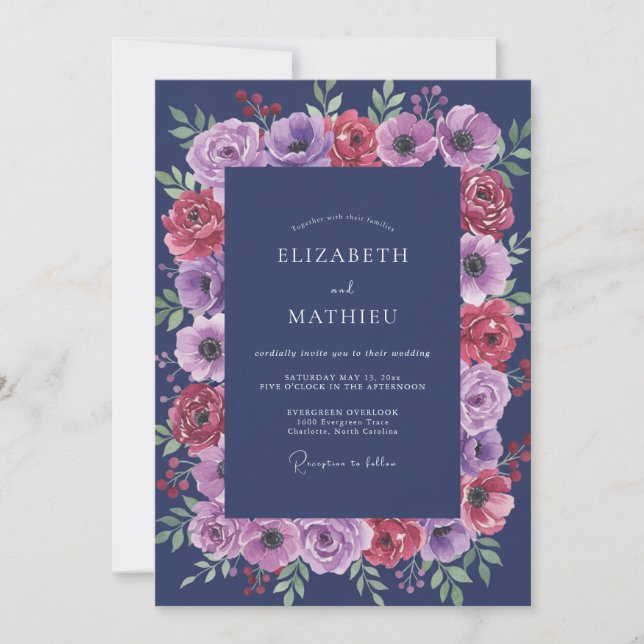 Invitación Boda de Anémona Lavanda Índigo (Anverso)