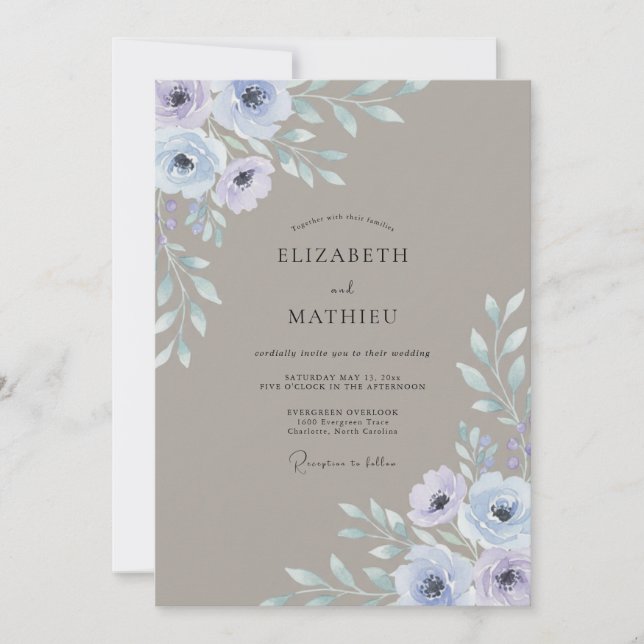 Invitación Boda de Anémona Lavanda y Taupe (Anverso)